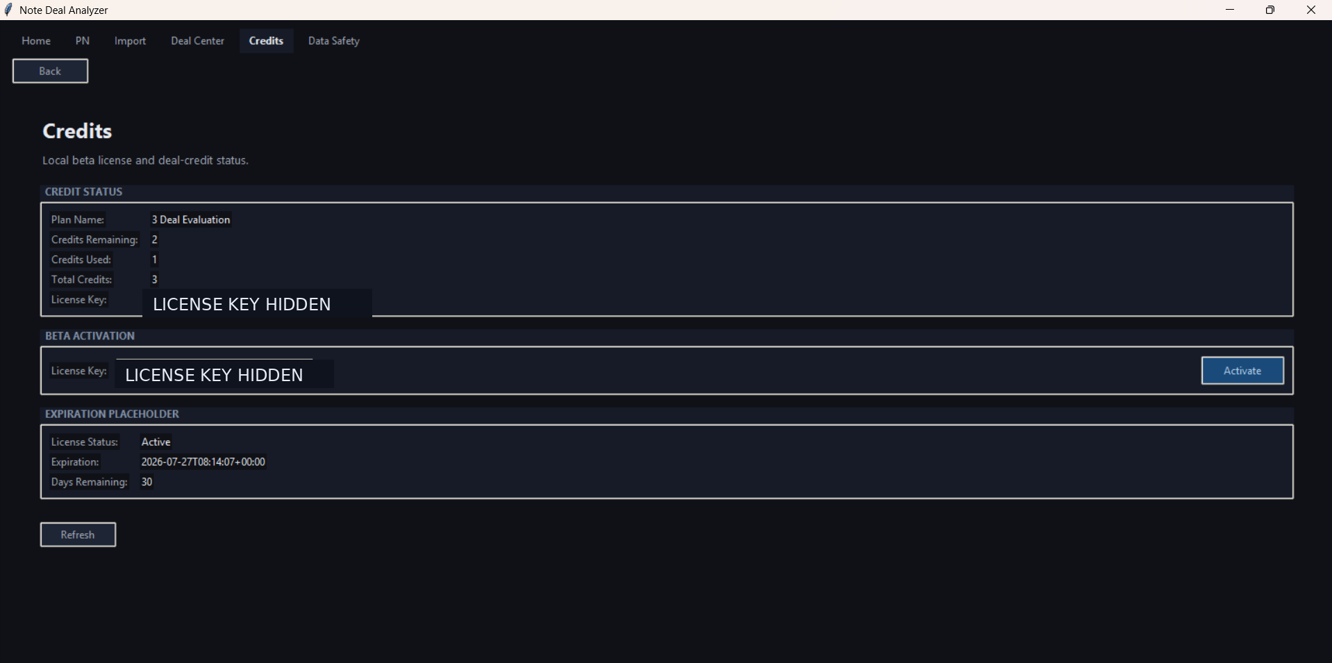 Credits screen showing license activation and credit balance fields