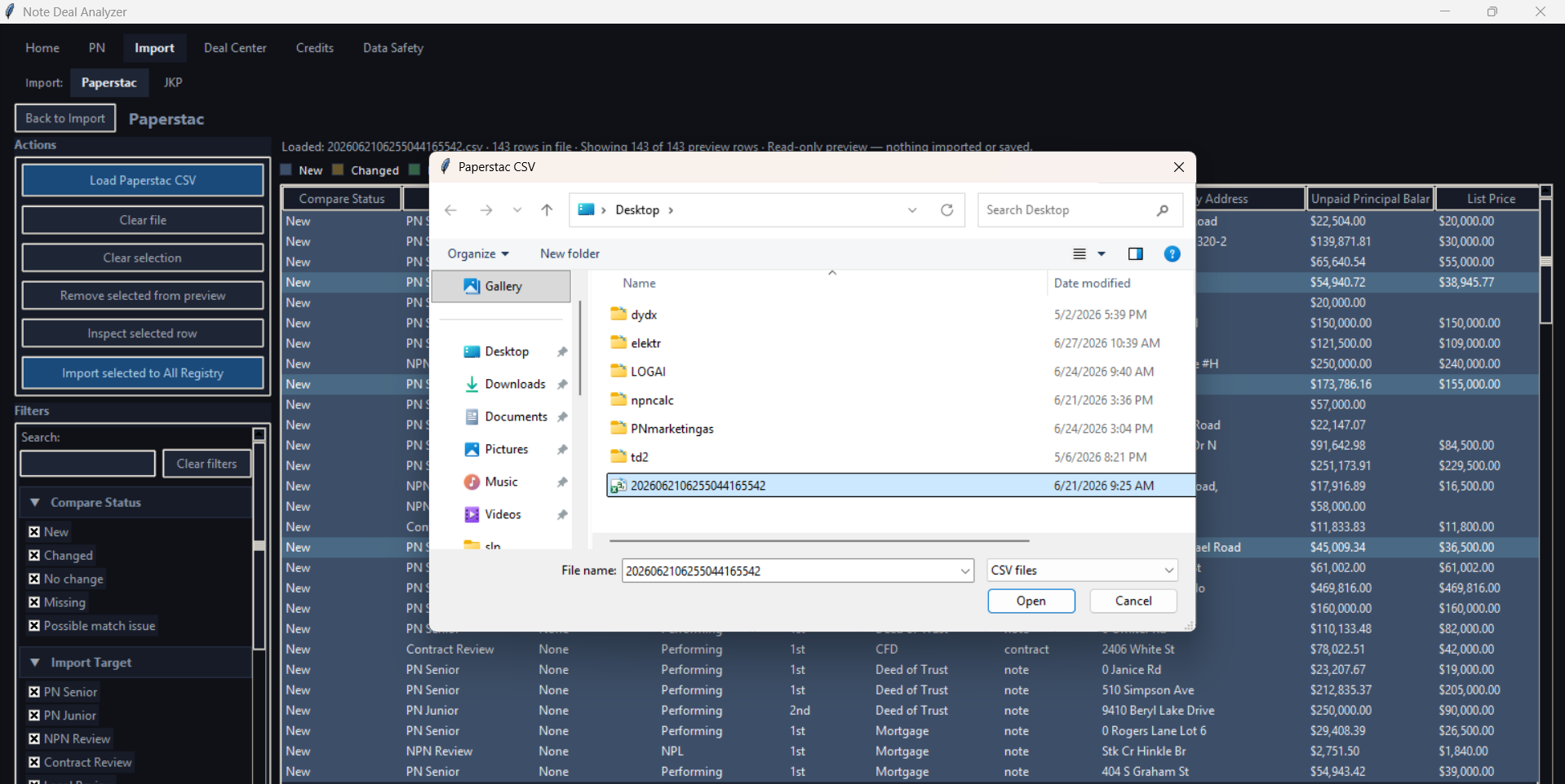 Import screen loading a Paperstac CSV file