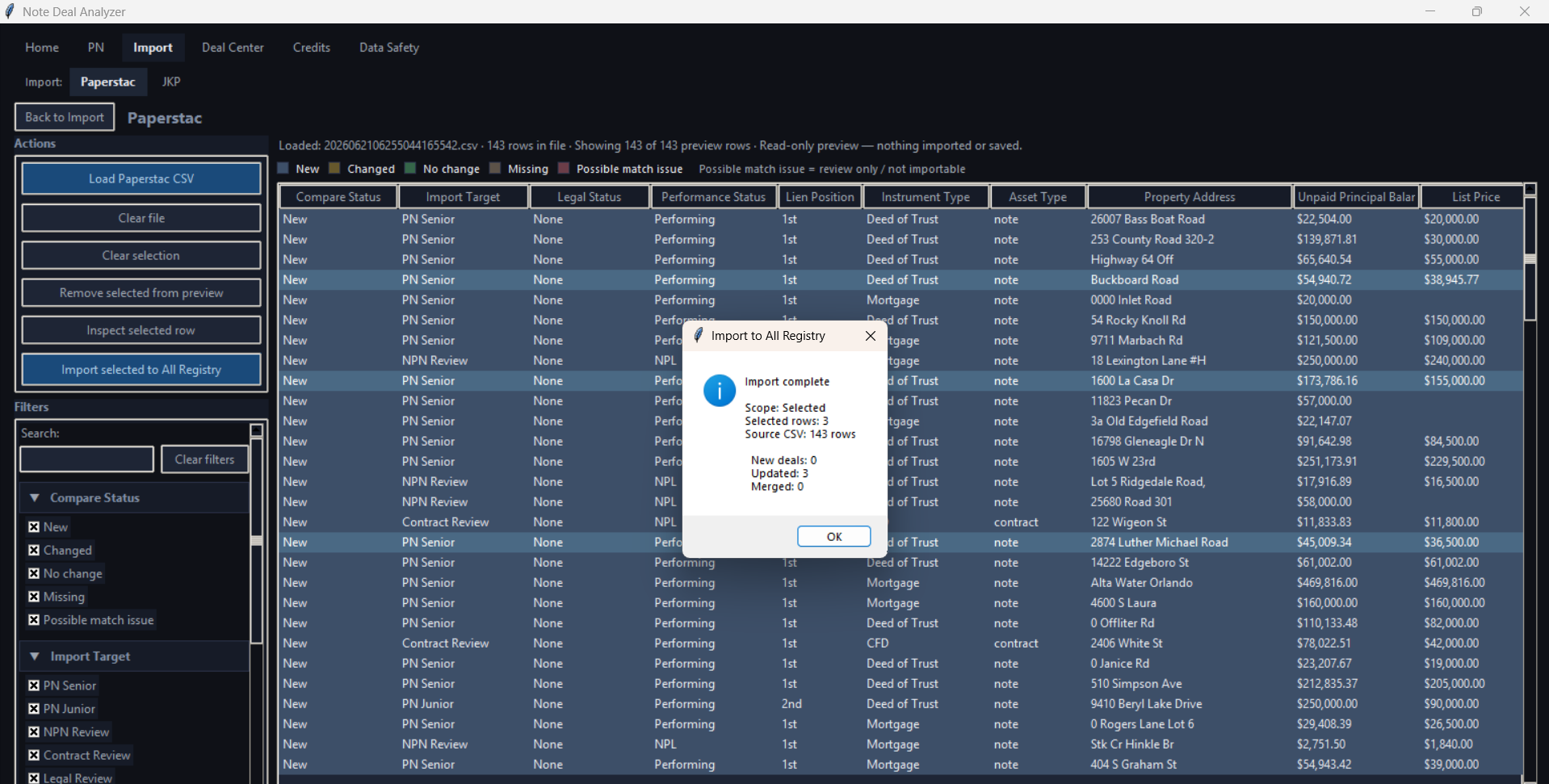 Import screen with selected rows imported to All Registry