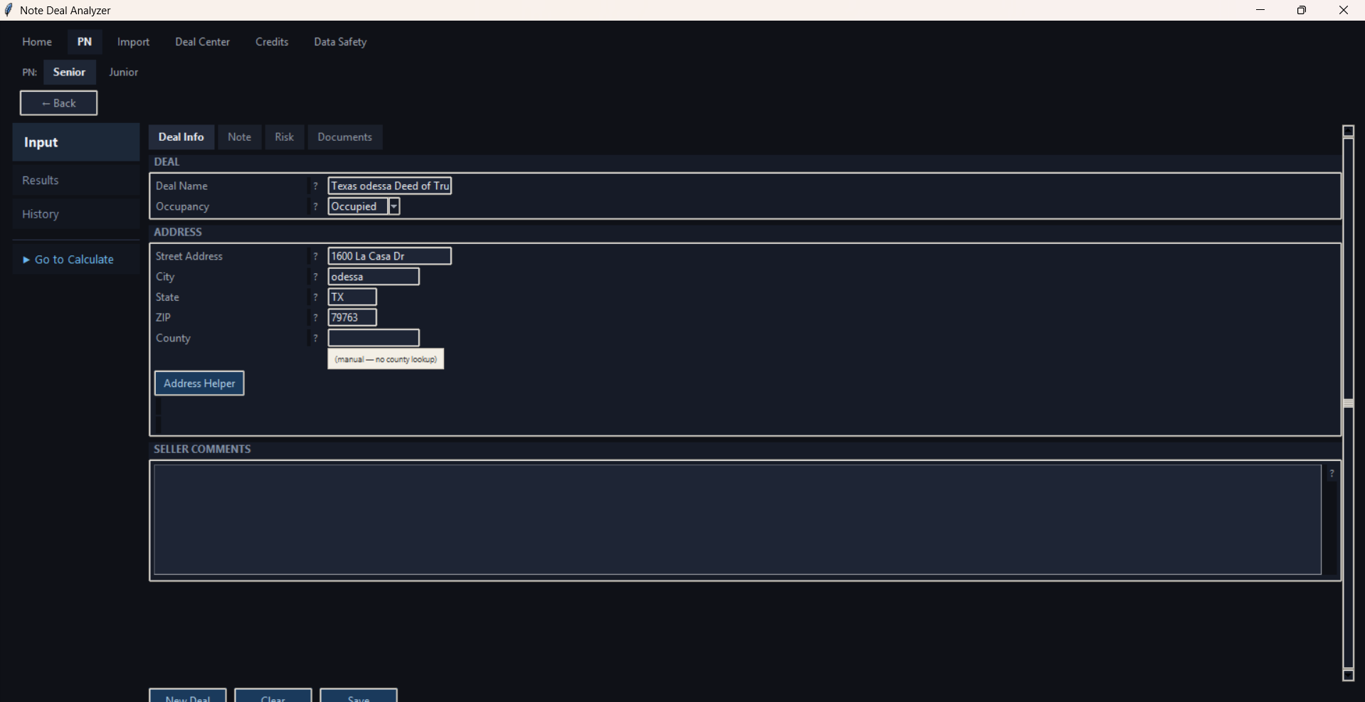 PN Input screen showing risk and supporting fields