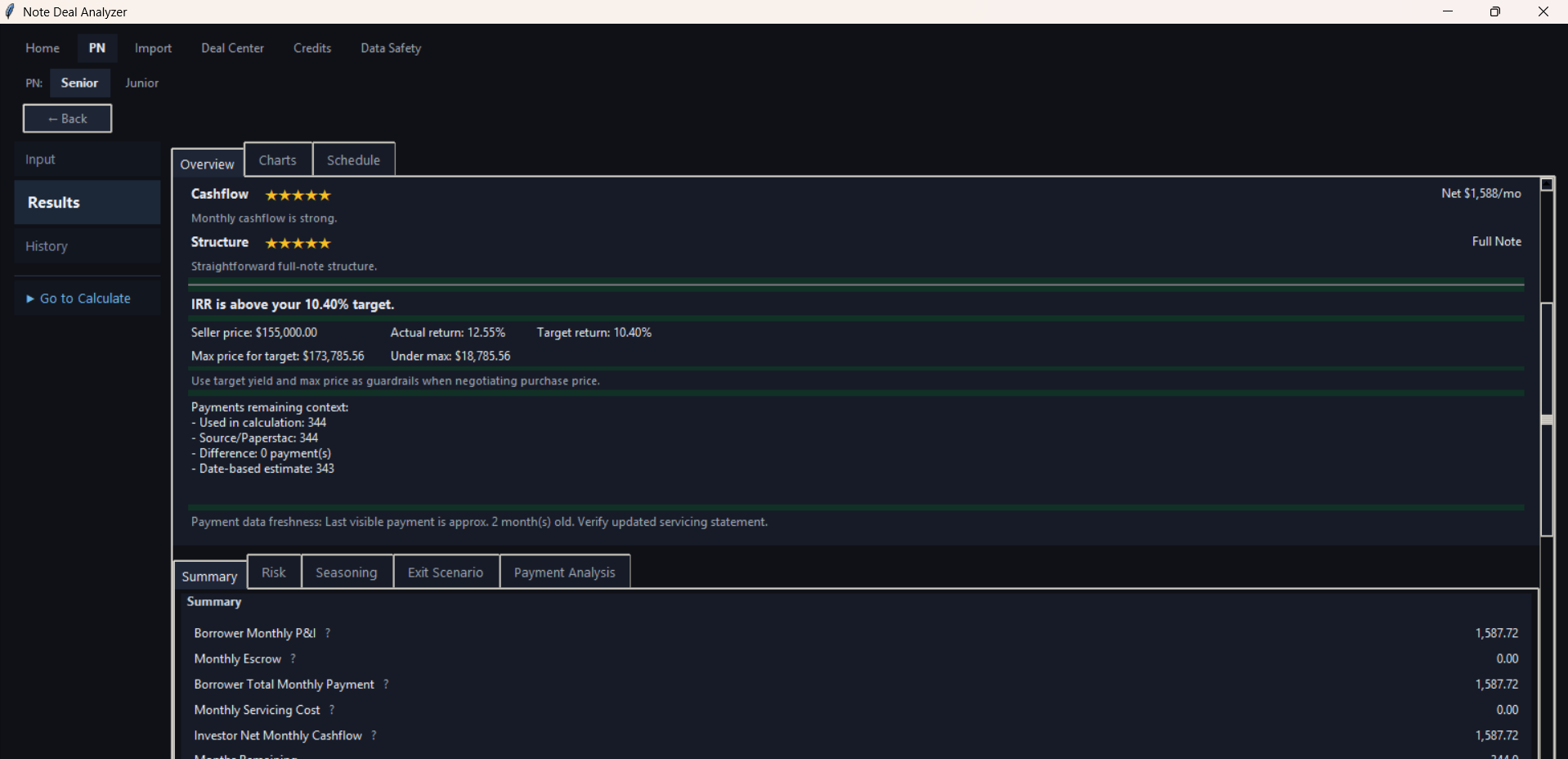 Results screen showing summary and schedule tabs