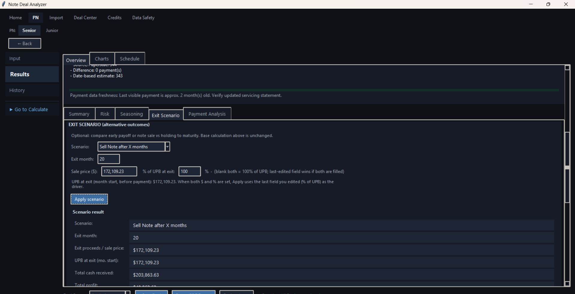 Results screen showing payment analysis detail